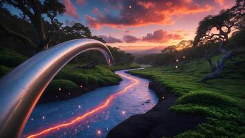 River Flowing Through Green Landscape at Sunset with Metallic Object photo