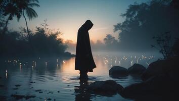 Person Standing in Water at Dusk with Mysterious Lighting Effect photo