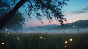 Field at Dusk with Fireflies and Trees in Atmospheric Scene photo