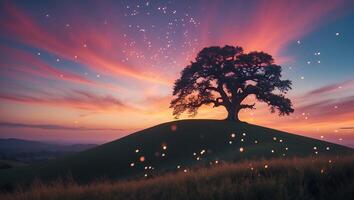 Solitary Tree Silhouetted on Hill at Dreamy Sunset with Lights photo