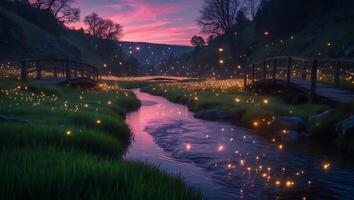 Tranquil River Flowing Through Meadow at Twilight with Fireflies photo