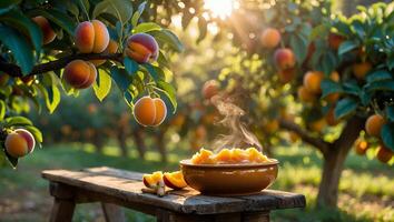 Fresh Peaches and Hot Peach Jam in Orchard During Golden Hour photo