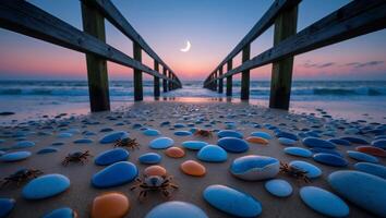 Crabs Walking on Sand at Dusk with Moon and Beach Pier photo