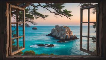 Ocean View Through Rustic Window Featuring Turquoise Waters and Rocky Islands photo