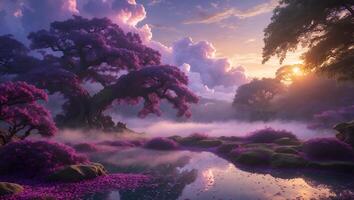 Dreamy Pond Landscape with Purple Trees and Foggy Sunset Glow photo