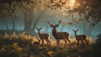 Deer Family Standing in Forest Clearing Bathed in Golden Light photo