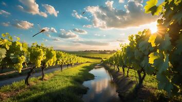Vineyard Landscape at Sunset with Dragonfly Flying Over Calm Water photo