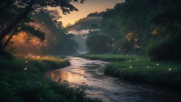 River Flowing Through Forest at Dusk with Glowing Light Accents photo