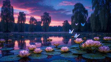 Water Lilies on Lake at Dusk with Butterflies and Tree Silhouettes photo