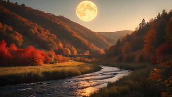 River Flowing Through Autumn Landscape with Full Moon Rising Above photo