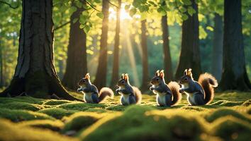 Squirrels Gathering in Forest with Sunlight Streaming Through the Trees photo
