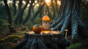 Still Life Bottle Persimmon and Mushrooms on Tree Stump in Forest photo