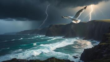 Seagull Flying Over a Rugged Coastline During a Lightning Storm photo