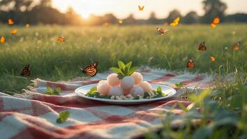 Delicate Peach Desserts on Picnic Blanket with Butterflies at Sunset photo