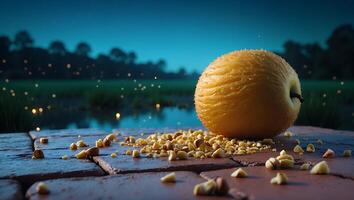 Golden Apple with Scattered Nuts on Stone Surface with Night Sky photo