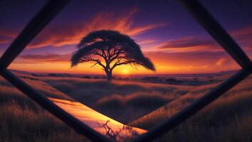 Tree Silhouette at Sunset Through Window Creates a Dramatic Scene photo