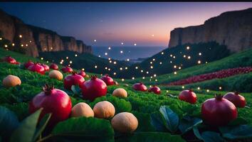 Scattered Pomegranates and Round Fruits in a Lush Green Field photo