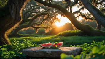 Watermelon Slices on Stone Slab in Forest with Warm Light photo