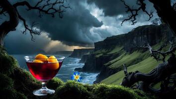 Enjoying a Cocktail on a Mossy Cliff with Dramatic Ocean View photo