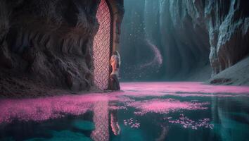 Woman at Mysterious Gate Standing by Calm Water in Fantasy Cave photo