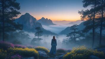 Woman Watching Foggy Mountain Landscape at Dawn with Flowers photo
