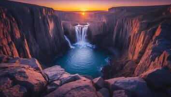 Waterfall in Canyon with Turquoise Pool and Dramatic Sunset Light photo