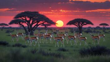 A herd of antelope standing in a field at sunset photo