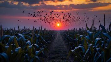 Birds Flying Over Cornfield at Sunset with Dramatic Orange Sky photo