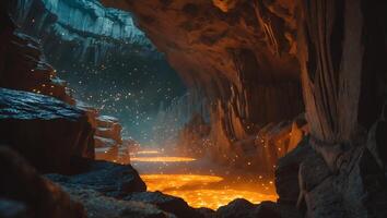 Exploring a Glowing Cave with Lava Flow and Rock Formations photo