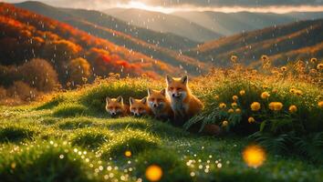 Fox Family Resting on Grassy Hill During a Light Rain photo