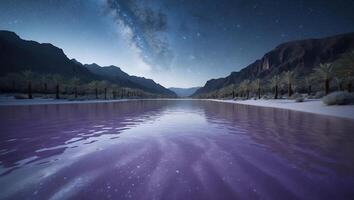 Purple Lake Under Starry Night Sky with Palm Trees and Mountains photo