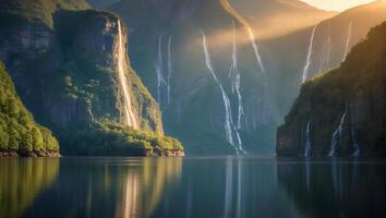 Reflective Lake with Waterfalls Cascading Down Lush Green Mountains photo