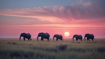 Elephants Walk Across Grassy Plain with Stunning Pink Sunset Sky photo
