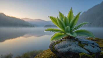 Green Plant Growing on Stone with Dew by Calm Lake photo