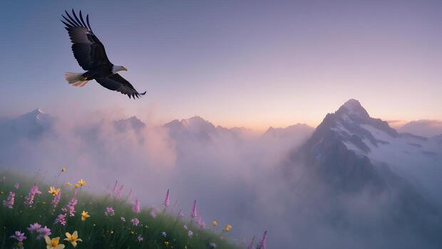 Eagle Soaring Over a Vibrant Flower Meadow with Mountain Backdrop photo