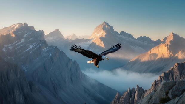 Bald Eagle Flying Through Mountain Range at Dawn in Nature photo