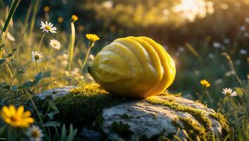 Citron Resting on Mossy Stone in Sunny Meadow Scene photo
