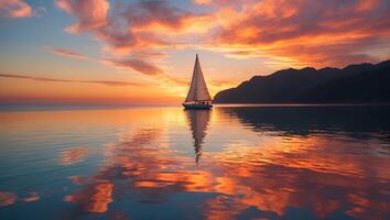 Sailing Boat at Sunset Reflecting in Calm Water Against Mountain Backdrop photo