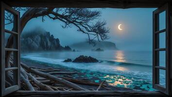 Night Ocean View Through Window with Moon, Beach, and Fog photo