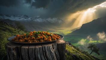 Delicious Food on Log Overlooking a Valley with Dramatic Lighting photo