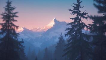 Majestic Snowy Mountain Peaks at Dawn Framed by Pine Trees photo