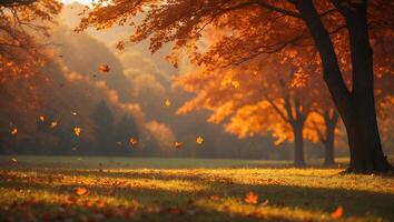 Falling Autumn Leaves Create a Golden Landscape with Warm Sunlight photo