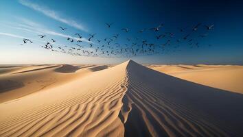 Birds Flying Over Desert Sand Dunes with Clear Blue Sky photo
