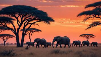Elephant Family Walking on African Savannah at Sunset with Acacia Trees photo