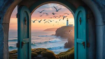 Ocean View Through Open Door with Lighthouse and Flying Birds photo