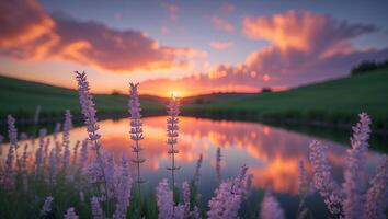 Lavender Blooms Frame a Sunset Reflection on Serene Pond Waters photo