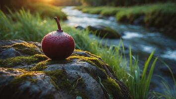 Red Fruit with Water Droplets on Mossy Rock Near Stream photo