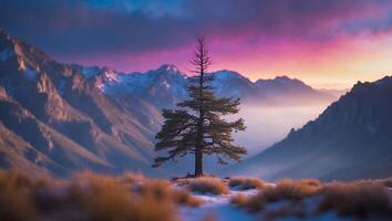 Lone Tree Stands Tall in Mountain Landscape with Foggy Valley photo