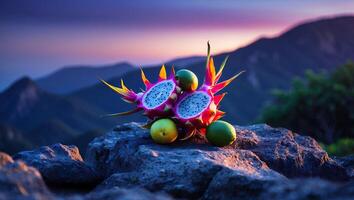 Dragon Fruit and Citrus on Rocks with Mountain Sunset Backdrop photo