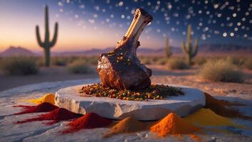 Presenting a Savory Meat Dish with Spices in a Desert Setting photo